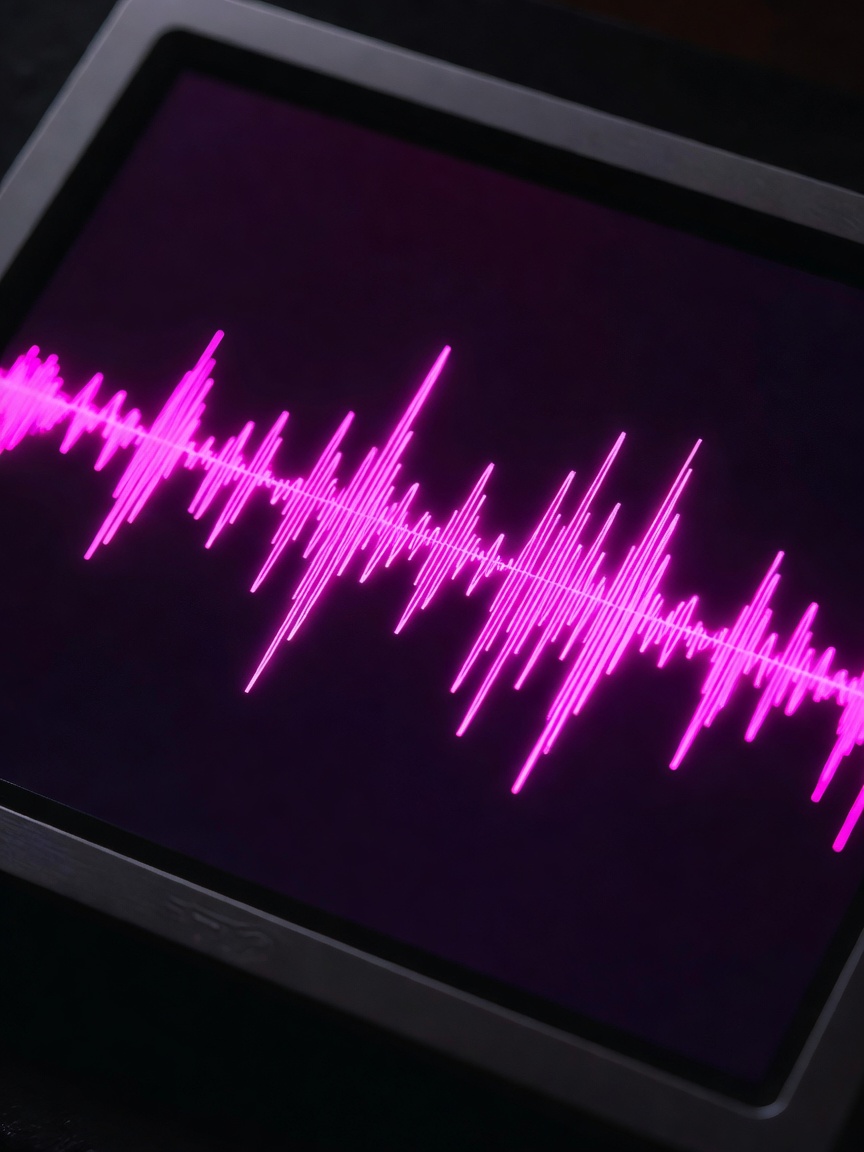 Extreme close-up of a neon magenta audio waveform on a monitor