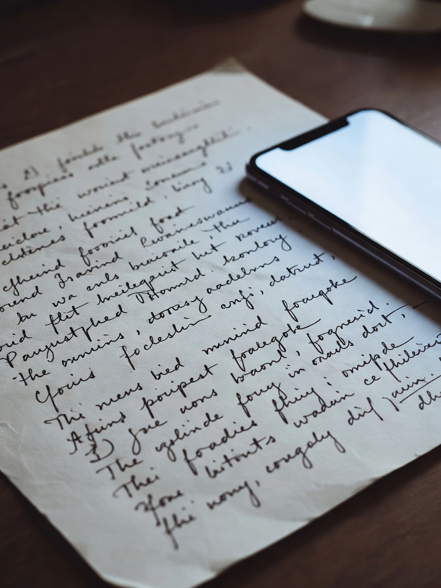 Extreme close up of handwritten script notes next to a glowing smartphone