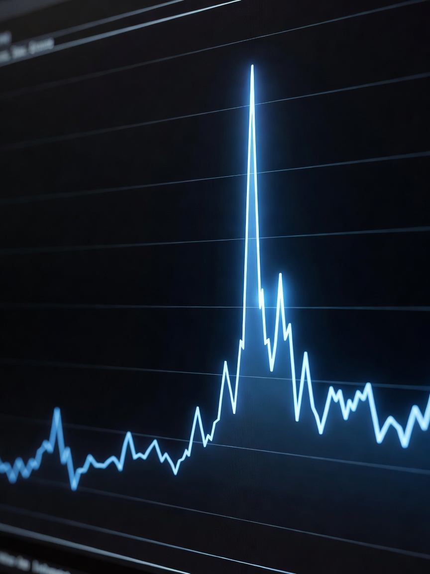 Close-up of a glowing analytics chart showing a massive spike