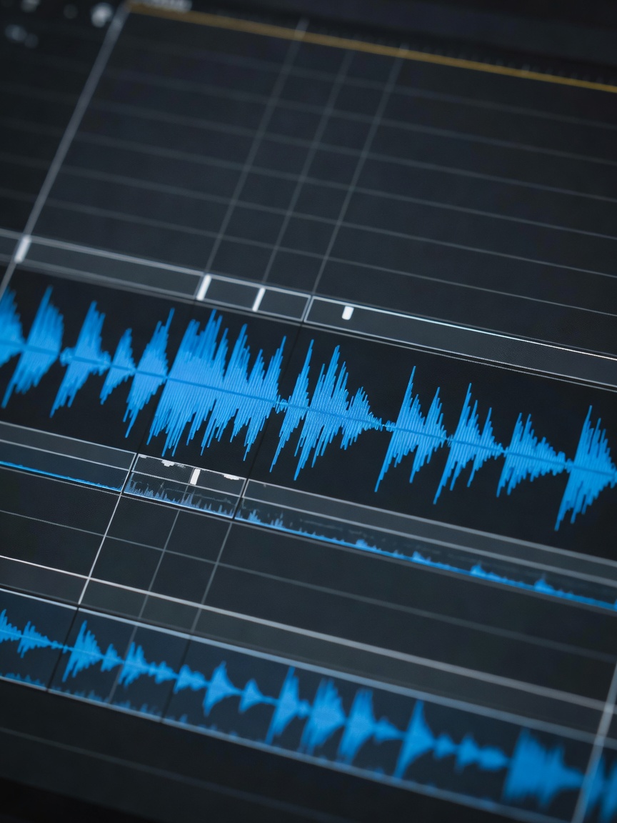 Macro shot of a video editing timeline with audio waveforms