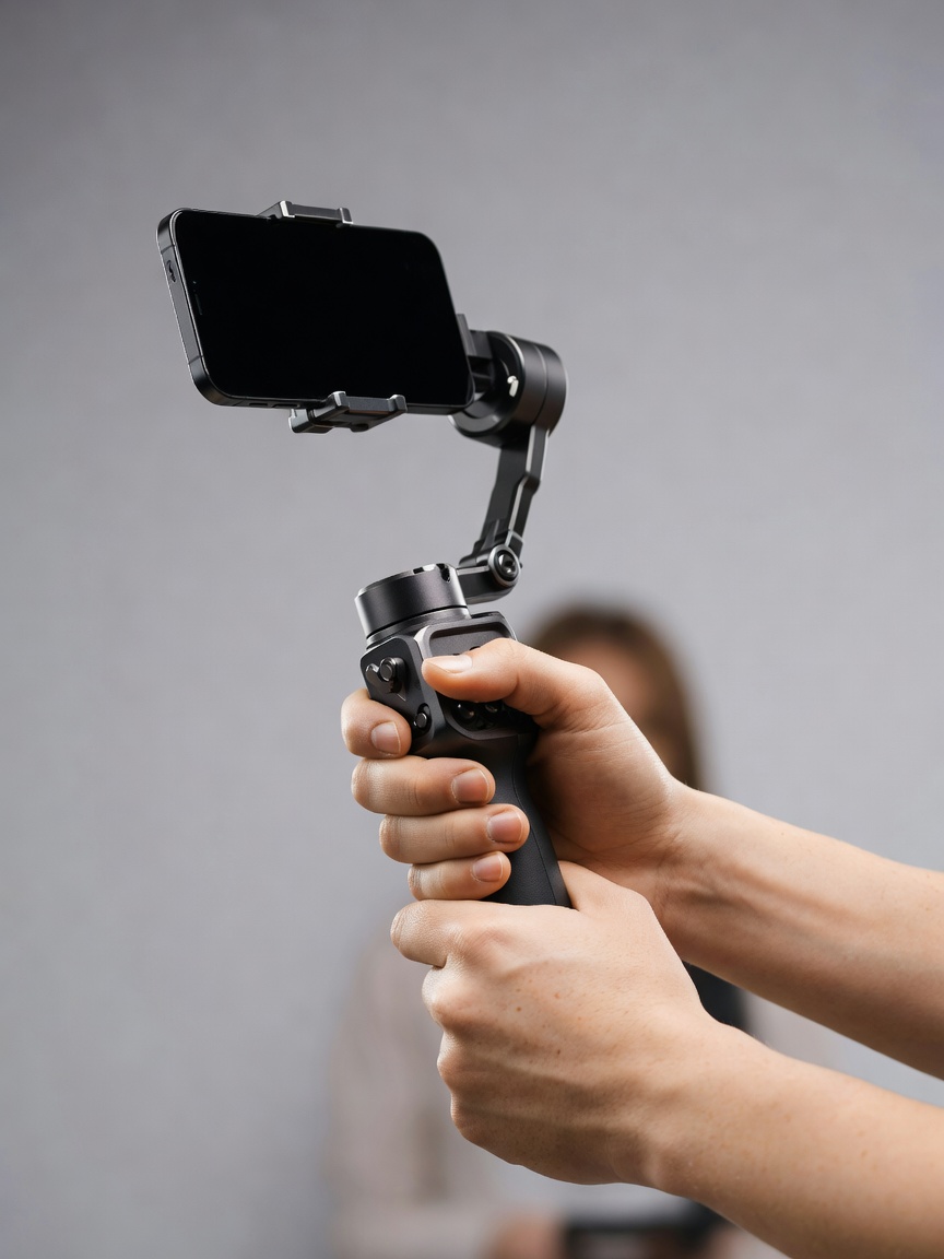 Close-up of hands gripping a smartphone gimbal stabilizer