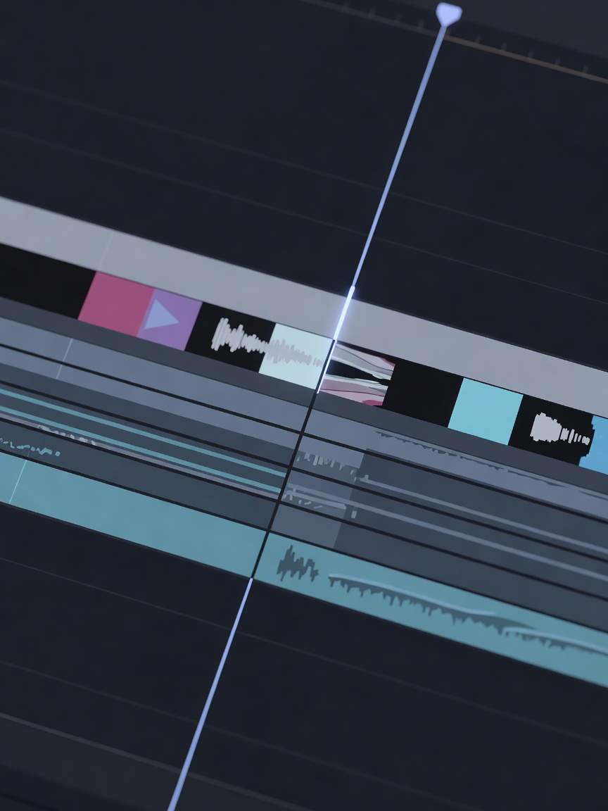 Macro detail of a software playhead scrubbing through a split clip
