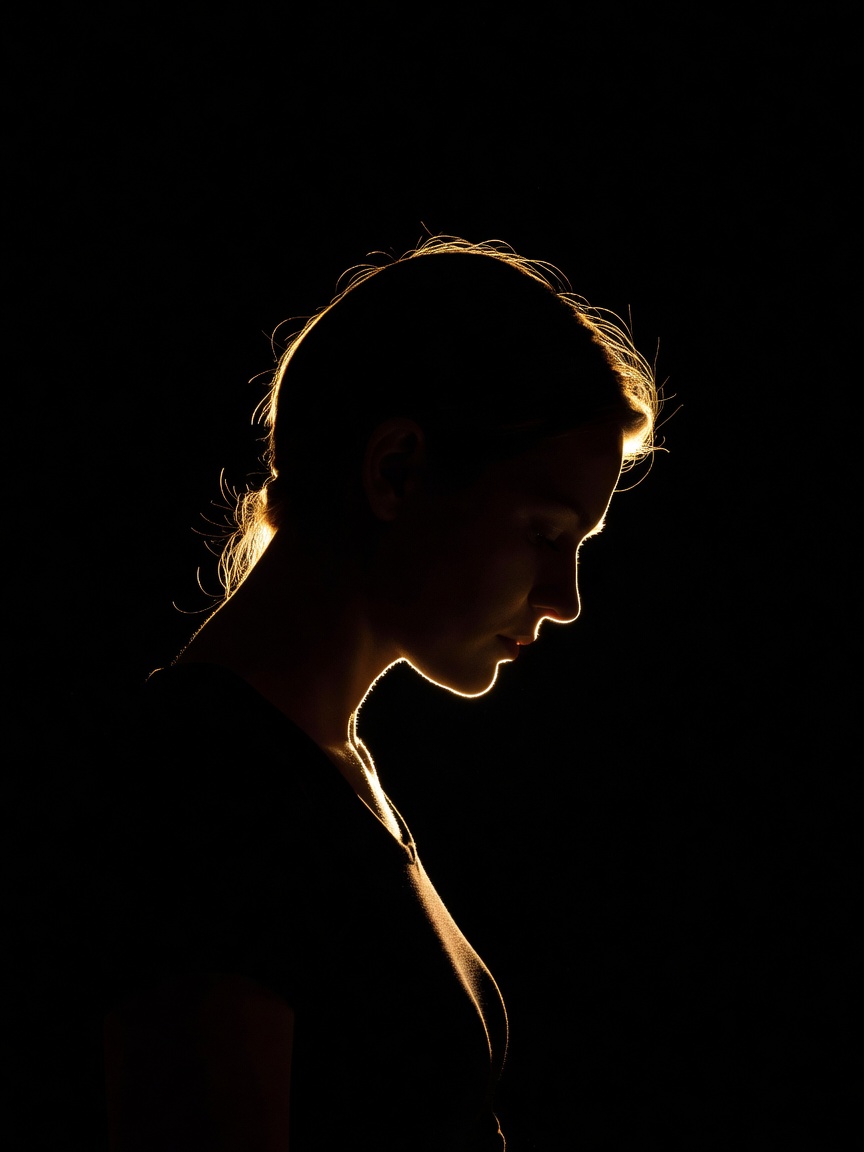 Side profile of a creator illuminated purely by a sharp golden rim light
