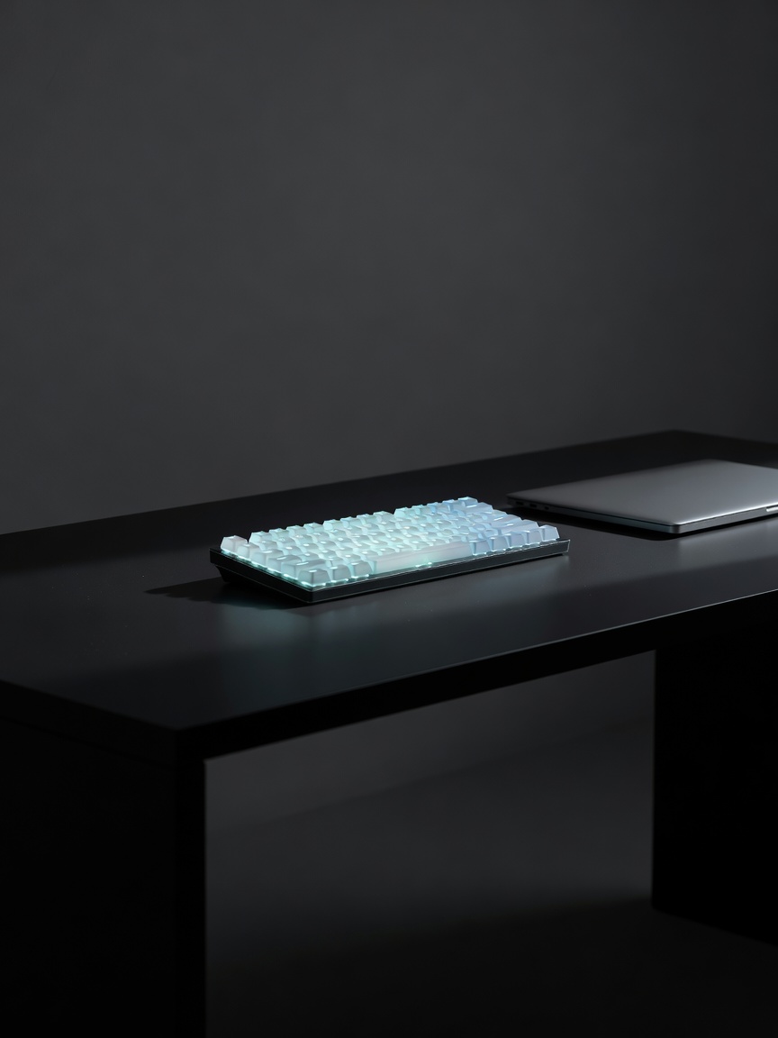 A dark, minimalist desk setup featuring a glowing mechanical keyboard